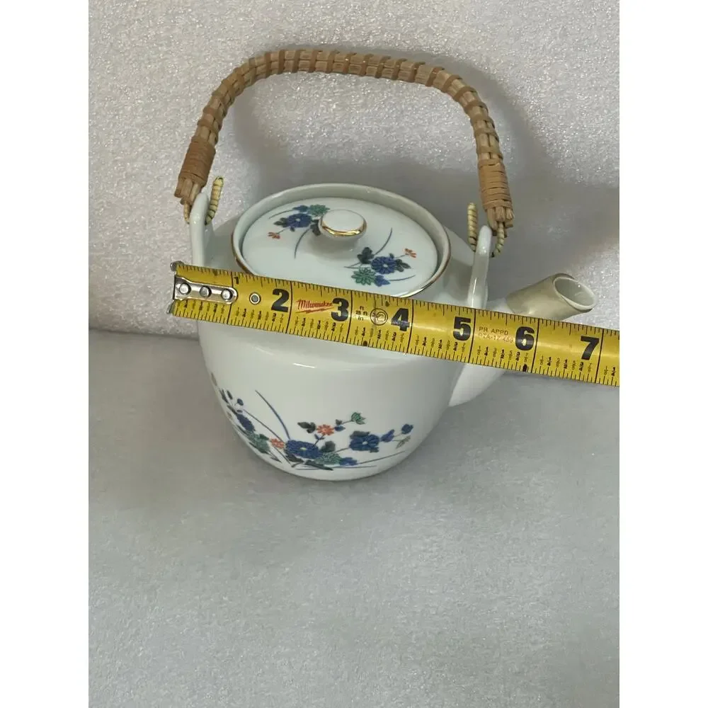 Vintage Japan Teapot with Bamboo Handle and 5 Tea Cups Blue Flowers